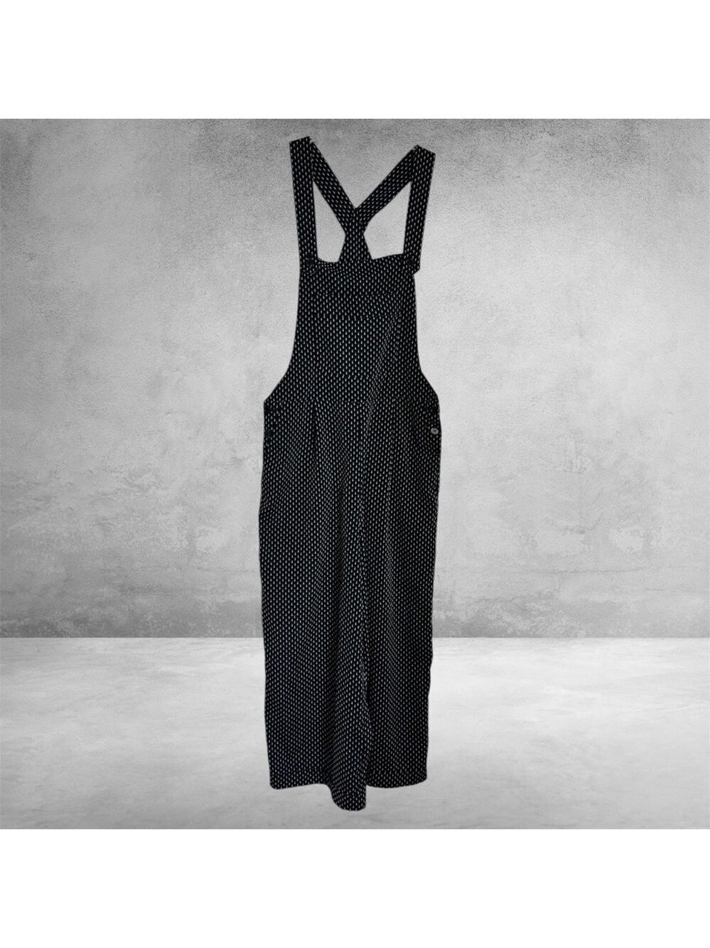 H &M Women's Black Blue and Tan Dot Cropped Overall Jumpsuit size 8